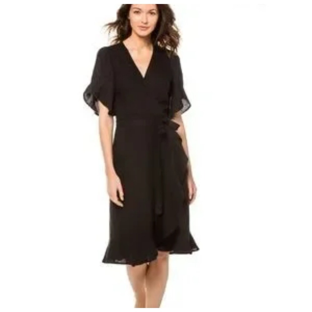 Honorine Black Wrap Dress Ruffle Sleeve‎ Midi Career Cocktail Party